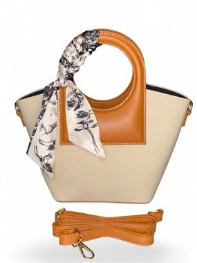 FASHION Canvas & Tan Vegan Leather Top-Handle Mini Tote - NWT